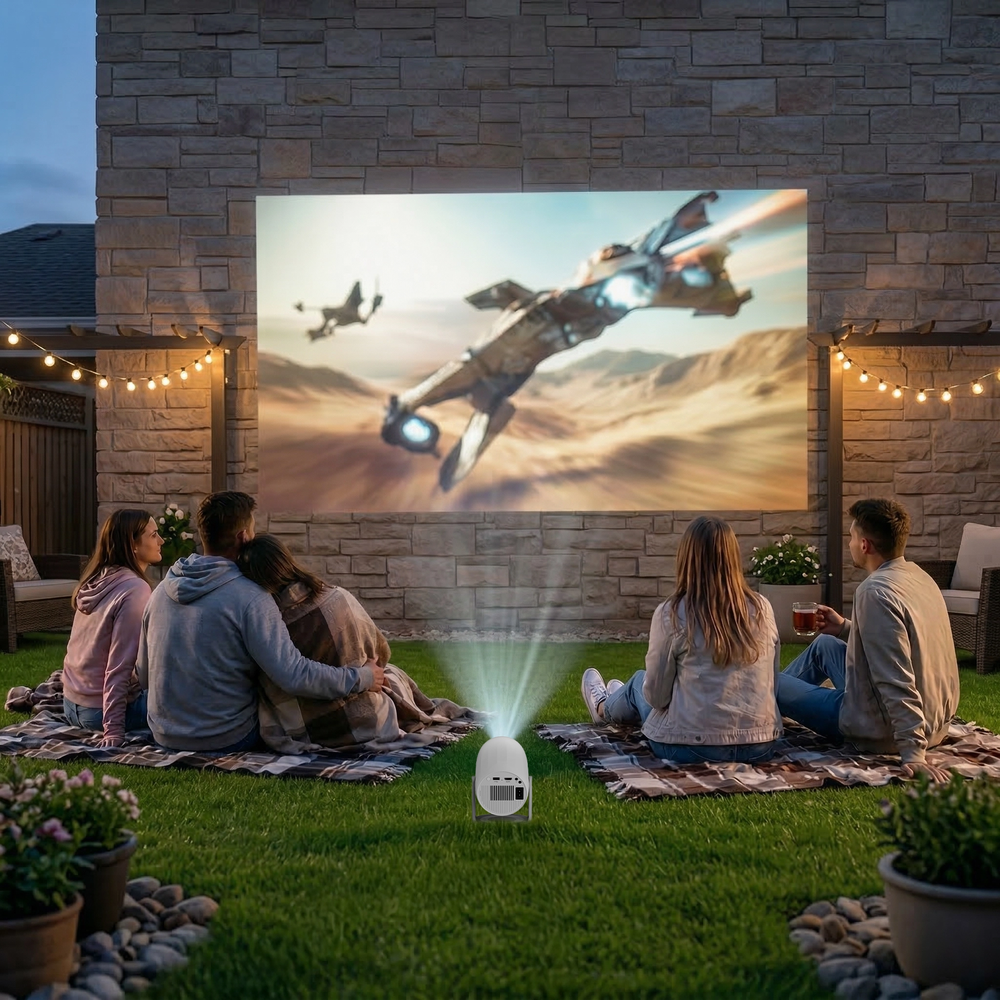 Grupa znajomych siedząca na kocach rozłożonych na trawniku i oglądająca film wyświetlany przez Lenovo 100M na ścianie budynku.
