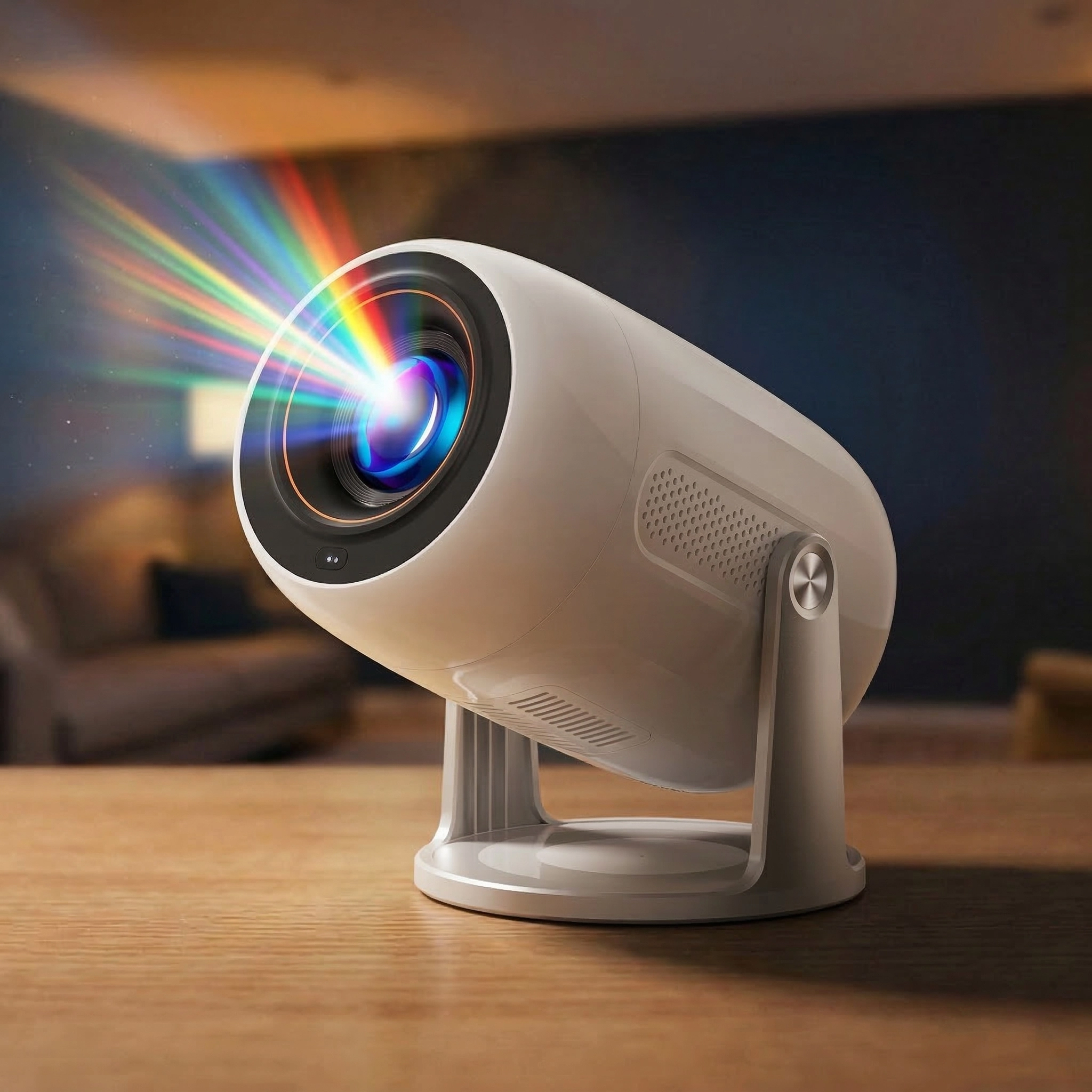 Zbliżenie na projektor Lenovo 100M wyświetlający obraz.