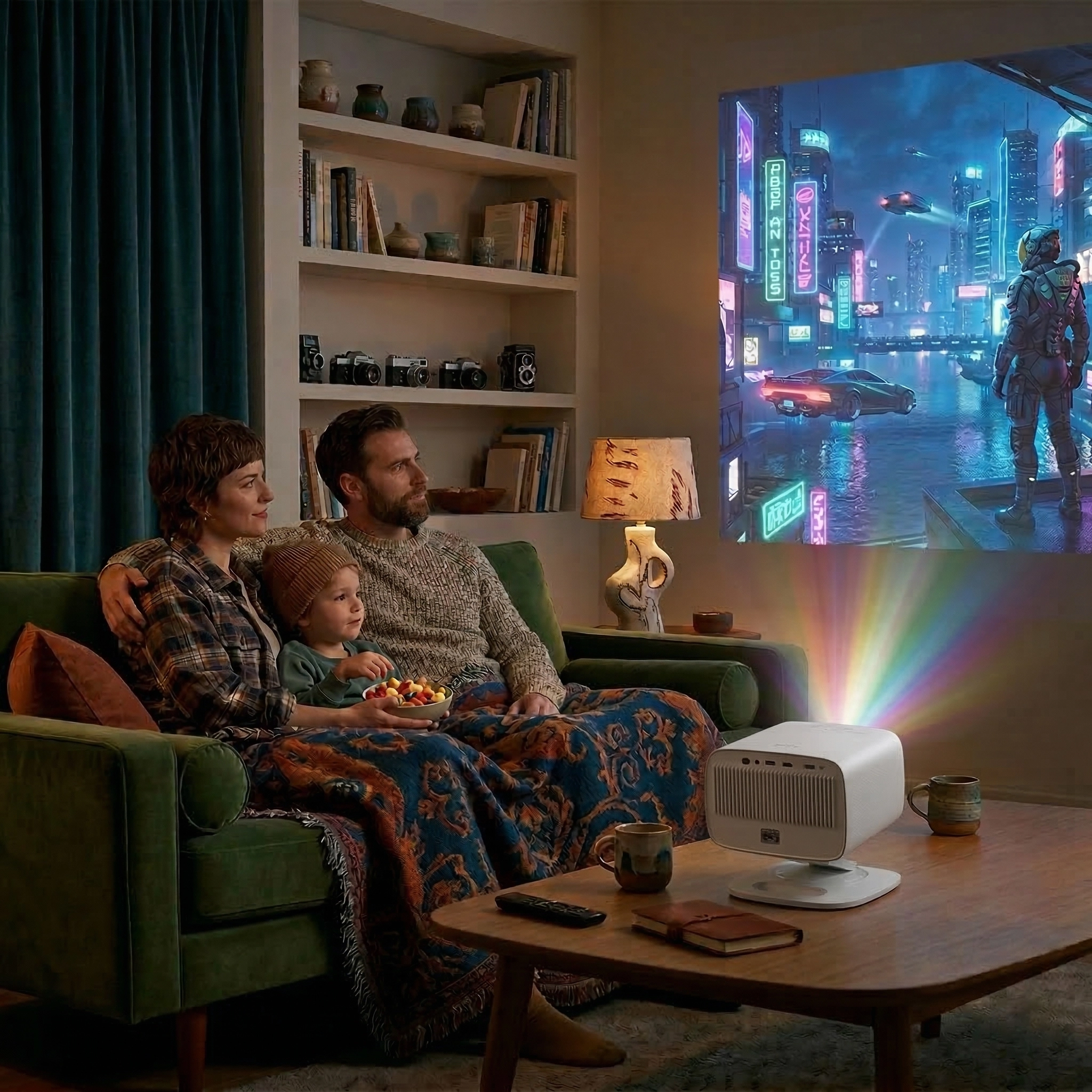 Para z dzieckiem siedząca na kanapie i oglądająca film science-fiction na obrazie wyświetlanym przez projektor Lenovo 100P na ścianie pokoju.