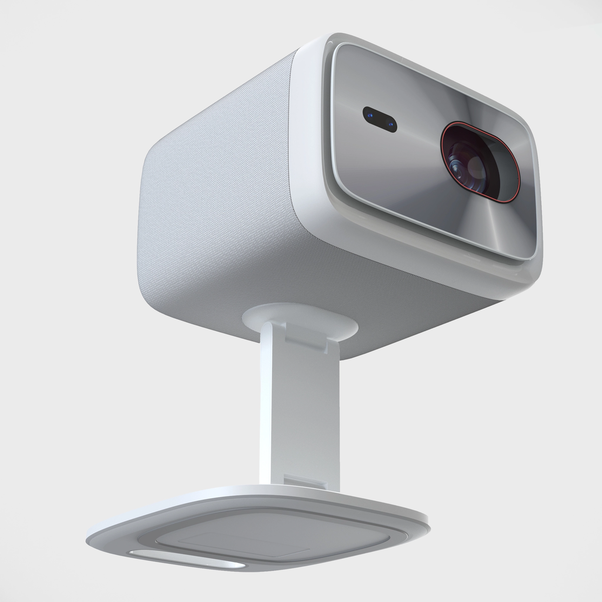 Projektor Lenovo 100P widziany od spodu na szarym tle.