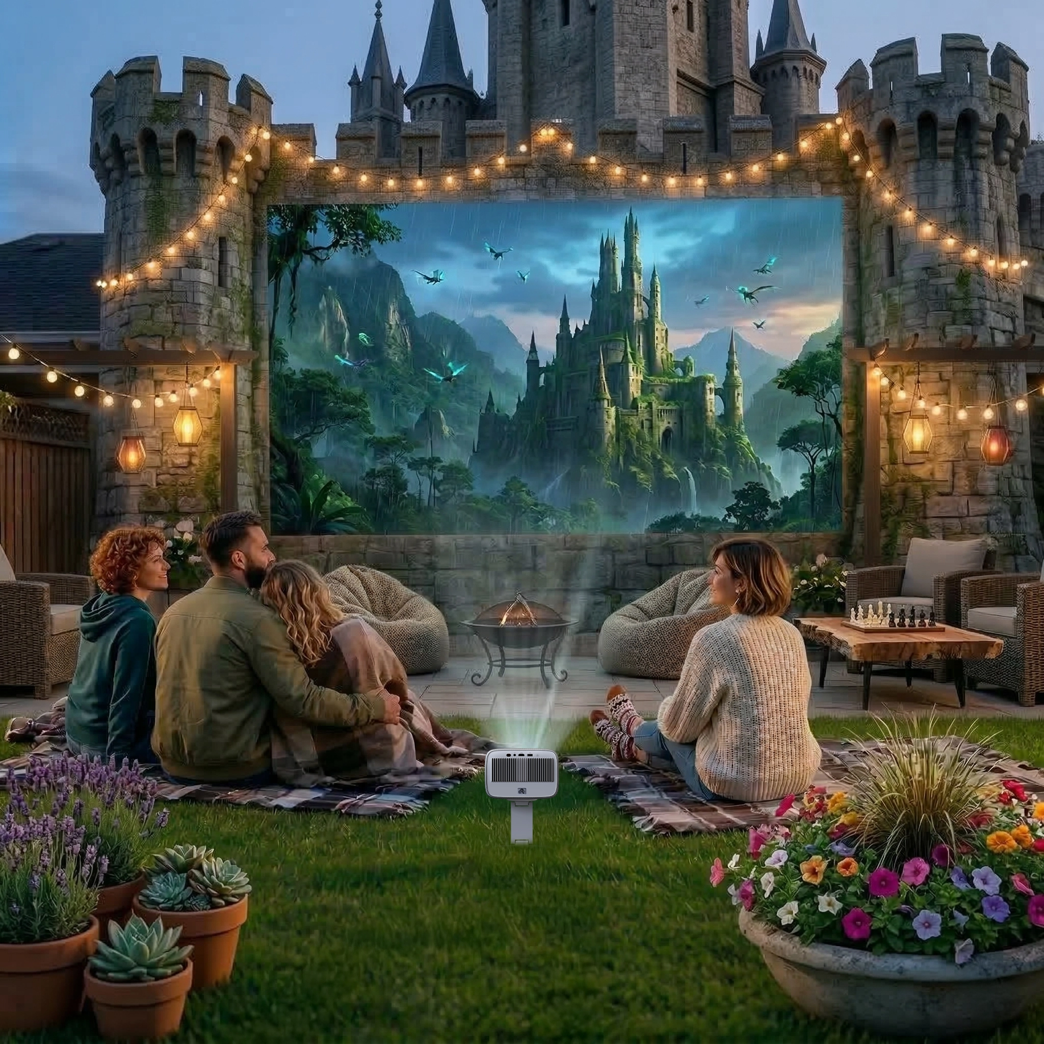 Grupa ludzi siedząca na kocach na trawniku i oglądająca film na obrazie wyświetlanym przez projektor Lenovo 100P. W tle średniowieczny zamek.