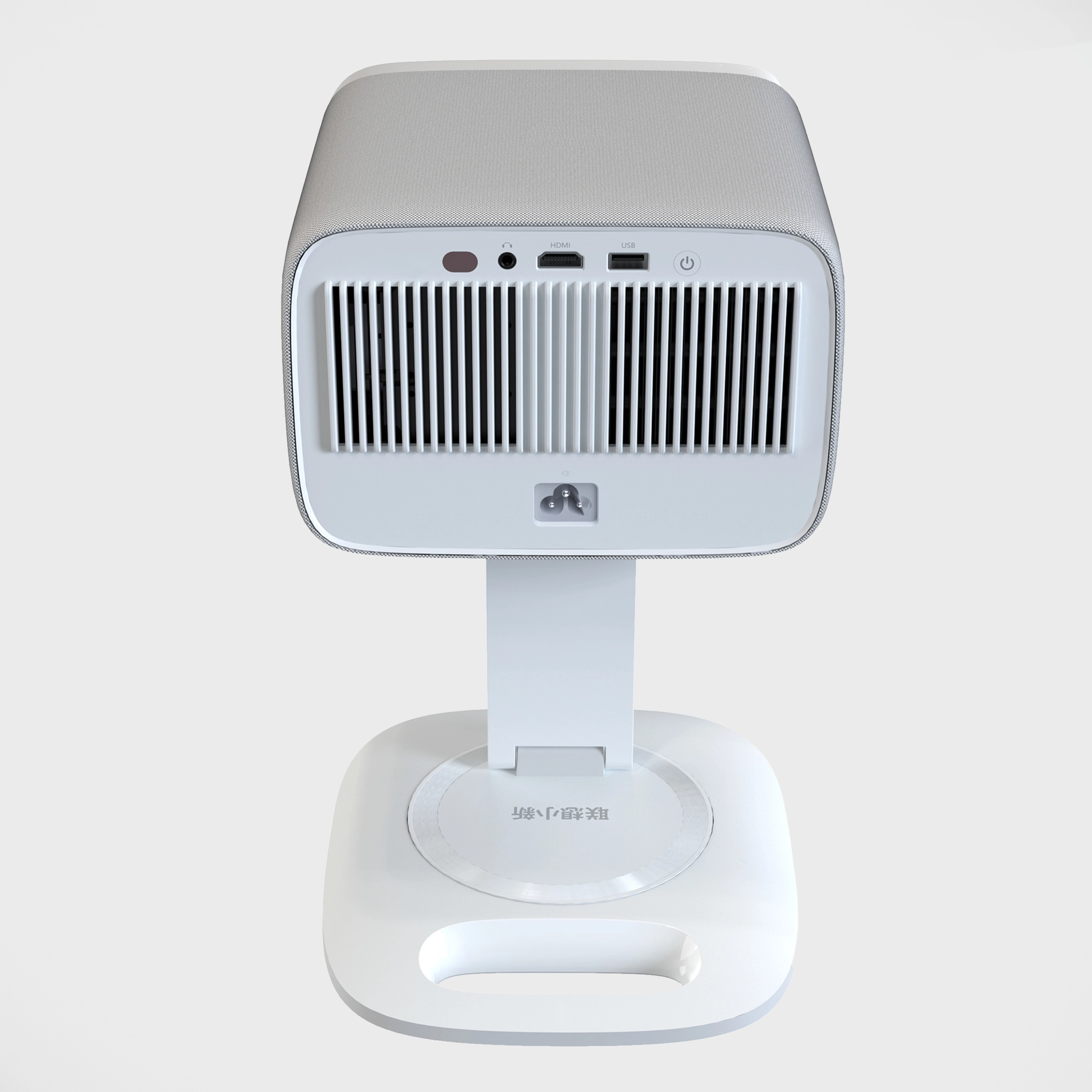 Tył projektora Lenovo 100P z widocznymi wejściami i wyjściami na szarym tle.