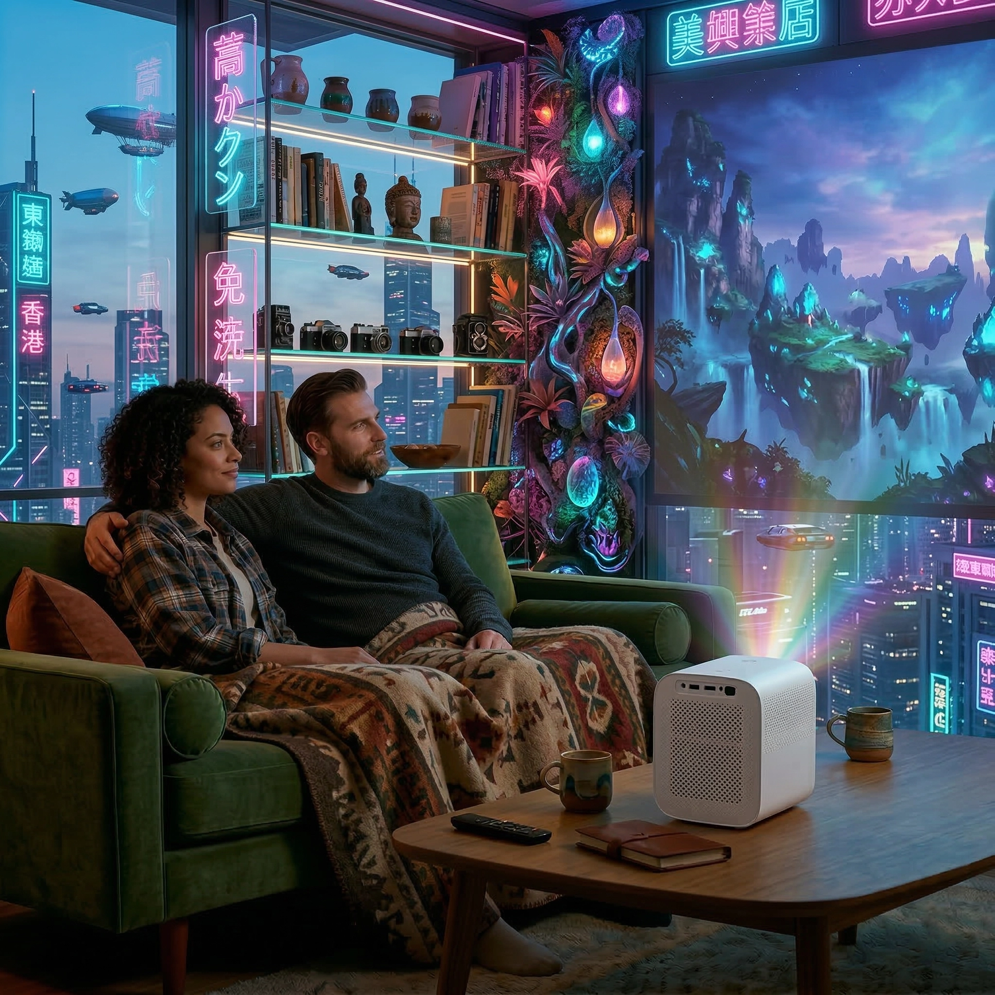 Para siedząca na kanapie i oglądająca film wyświetlany przez projektor Lenovo 100S na ścianie futurystycznego pokoju.