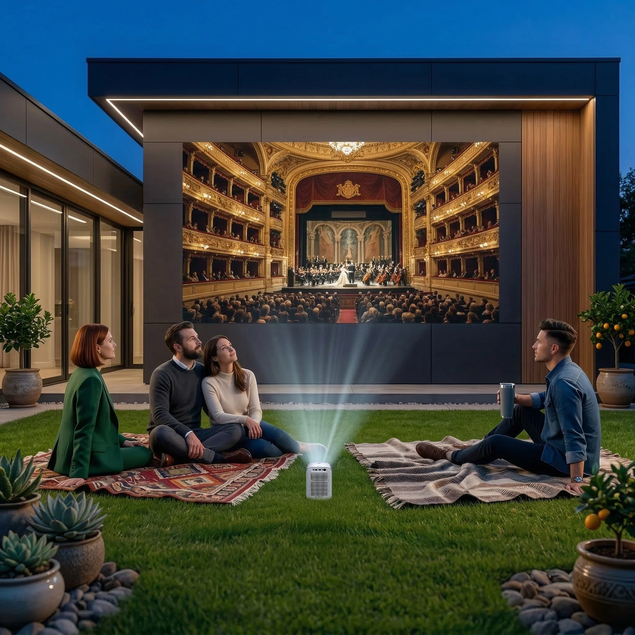 Grupa ludzi siedząca na kocach na trawniku i oglądająca film na obrazie wyświetlanym przez projektor Lenovo 100S na ścianie nowoczesnego domu.