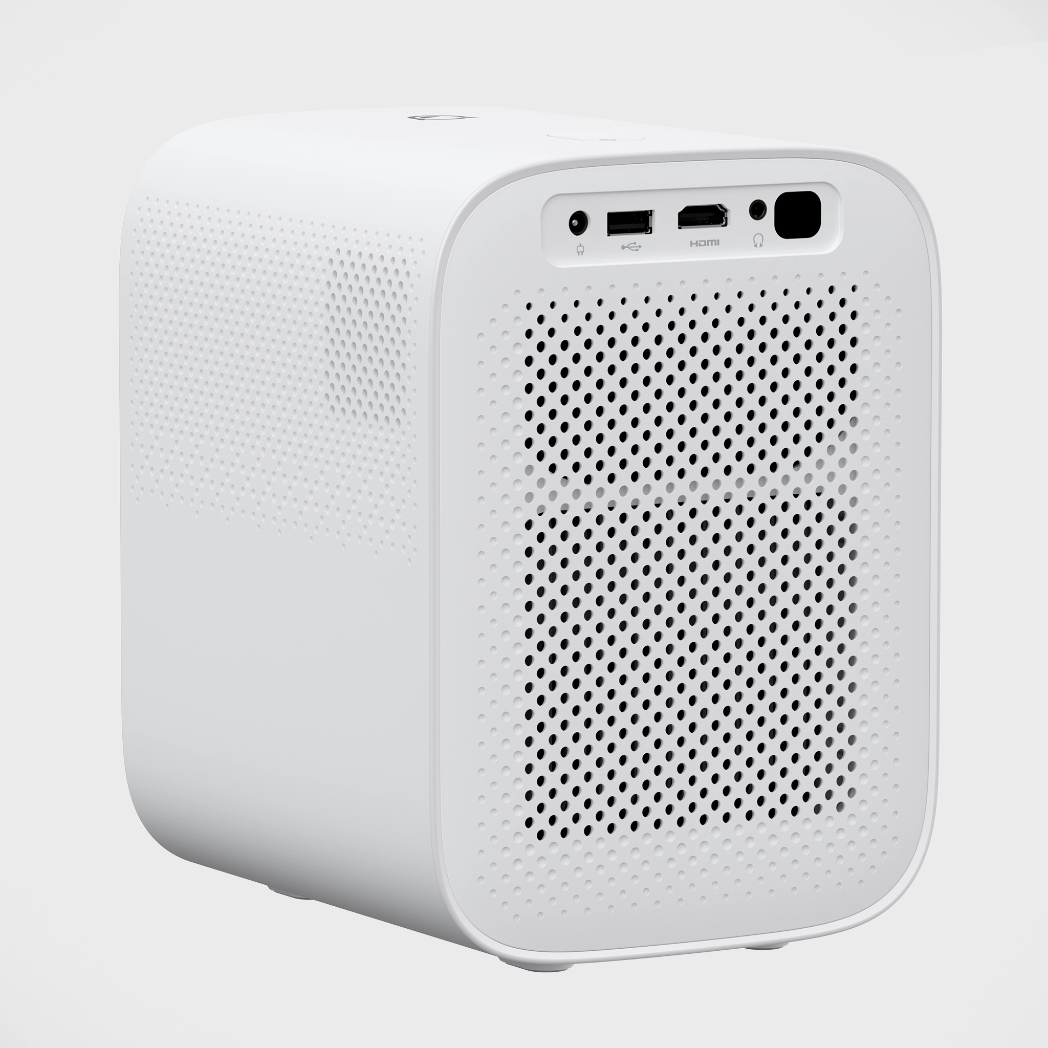 Tył projektora Lenovo 100S z widocznymi wejściami i wyjściami na szarym tle.