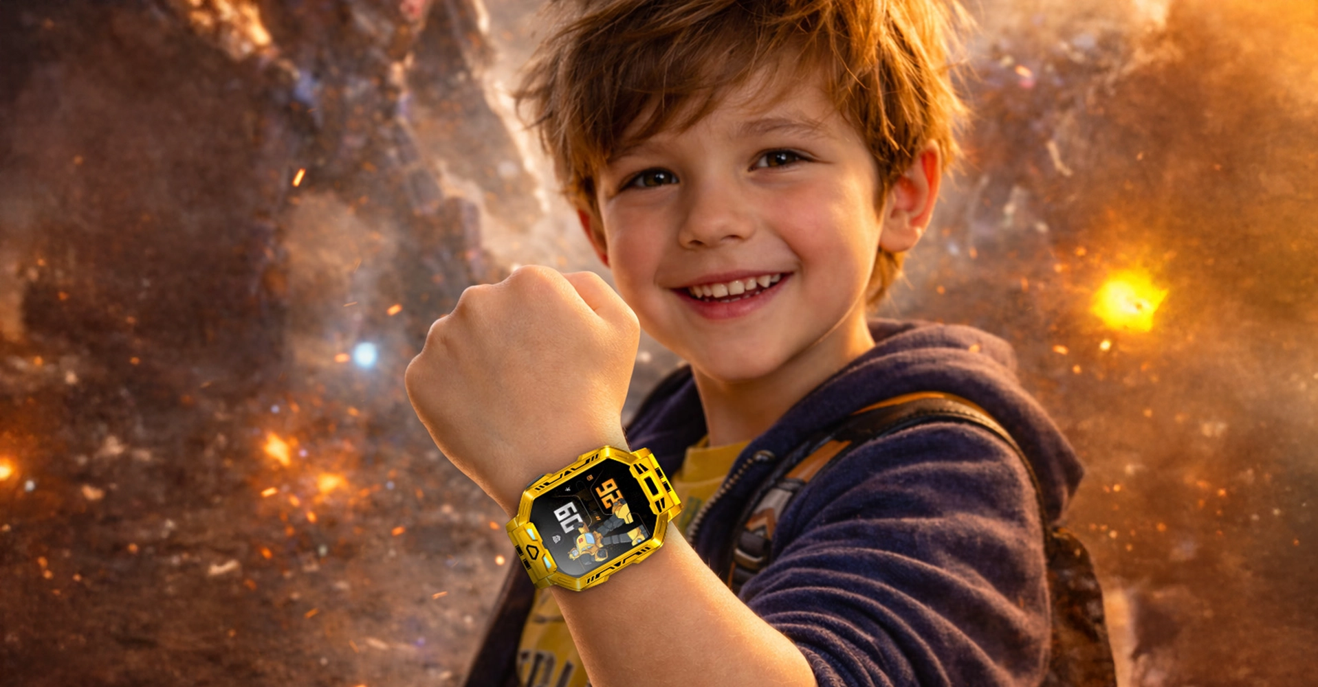 Chłopiec eksponujący smartwatch TF01B na nadgarstku, tło w motywach kosmosu.