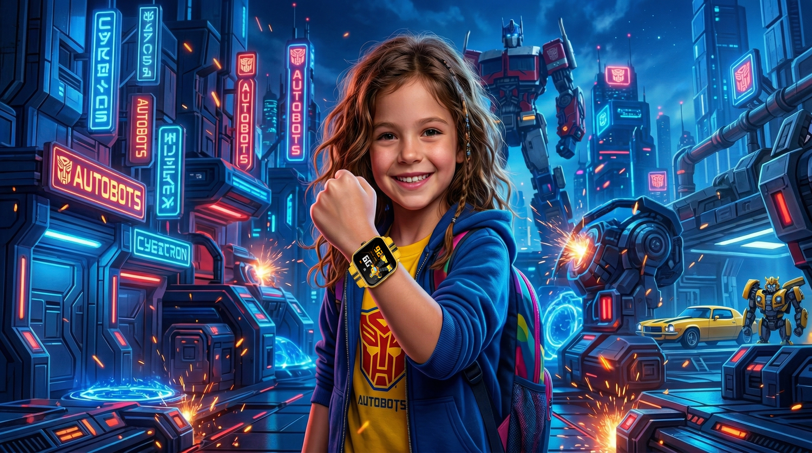 Dziewczynka eksponująca smartwatch tf09 na nadgarstku, tło w motywach Transformers.