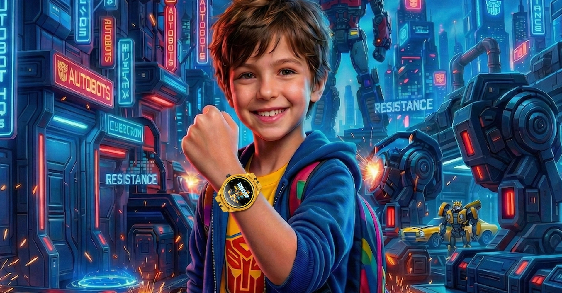 Chłopiec eksponująca smartwatch tf20 na nadgarstku, tło w motywach Transformers.