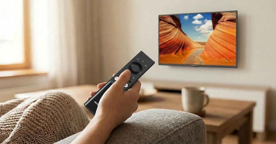 Zbliżenie na dłoń trzymającą pilot telewizora, w tle telewizor AIWA na ścianie.