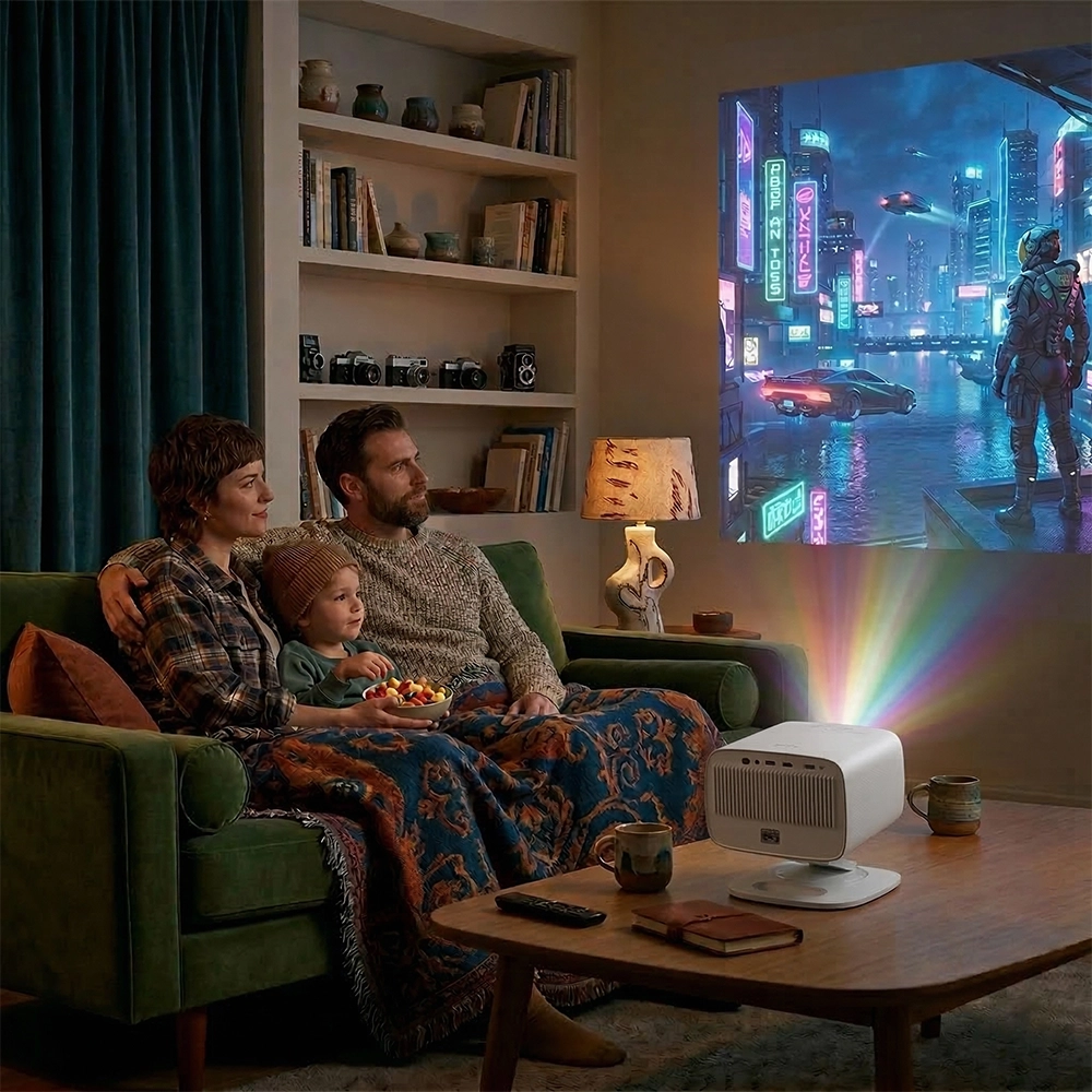 Para z dzieckiem siedząca na kanapie i oglądająca film science-fiction na obrazie wyświetlanym przez projektor Lenovo 100P na ścianie pokoju.