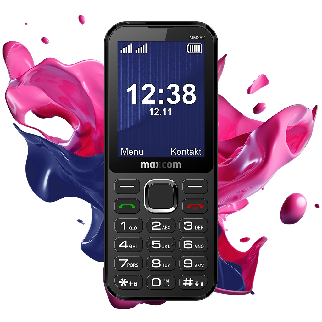 Przód telefonu MM282 na tle kolorowych plam.