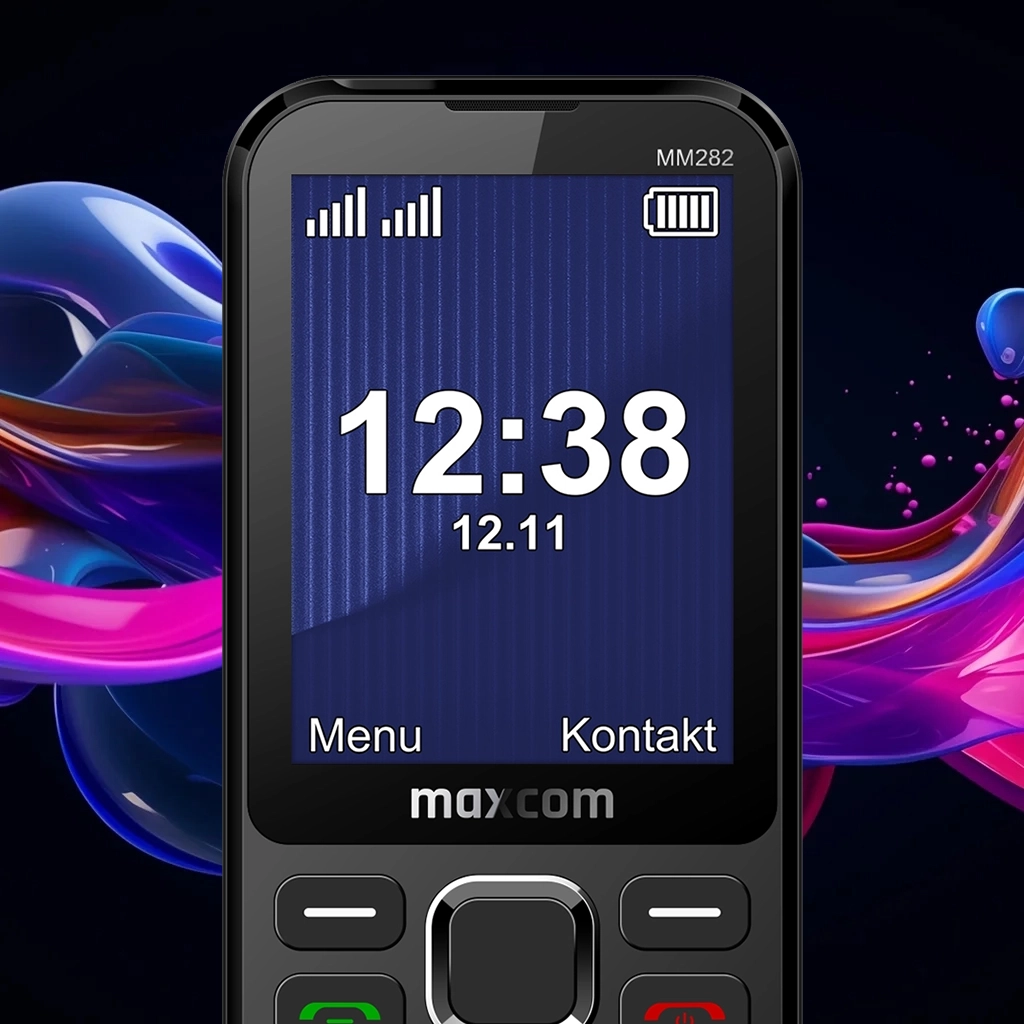 Zbliżenie na ekran telefonu MM282 na tle kolorowych plam.