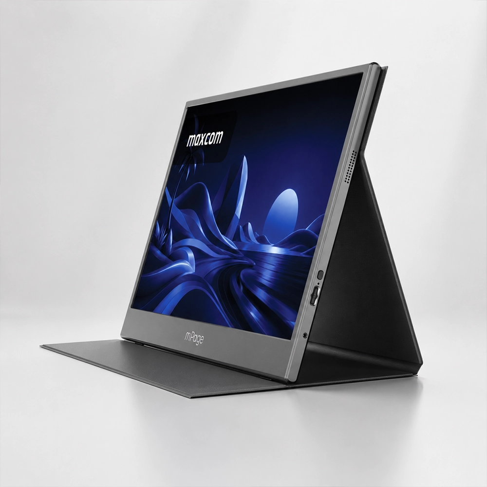 Monitor mPage 15 z rozłożoną podstawką na szarym tle - wersja mobilna.