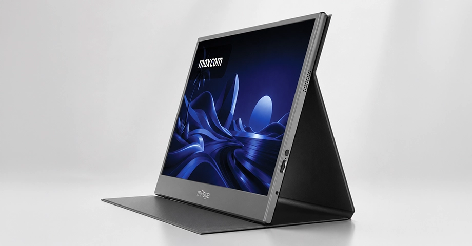 Monitor mPage 15 z rozłożoną podstawką na szarym tle.