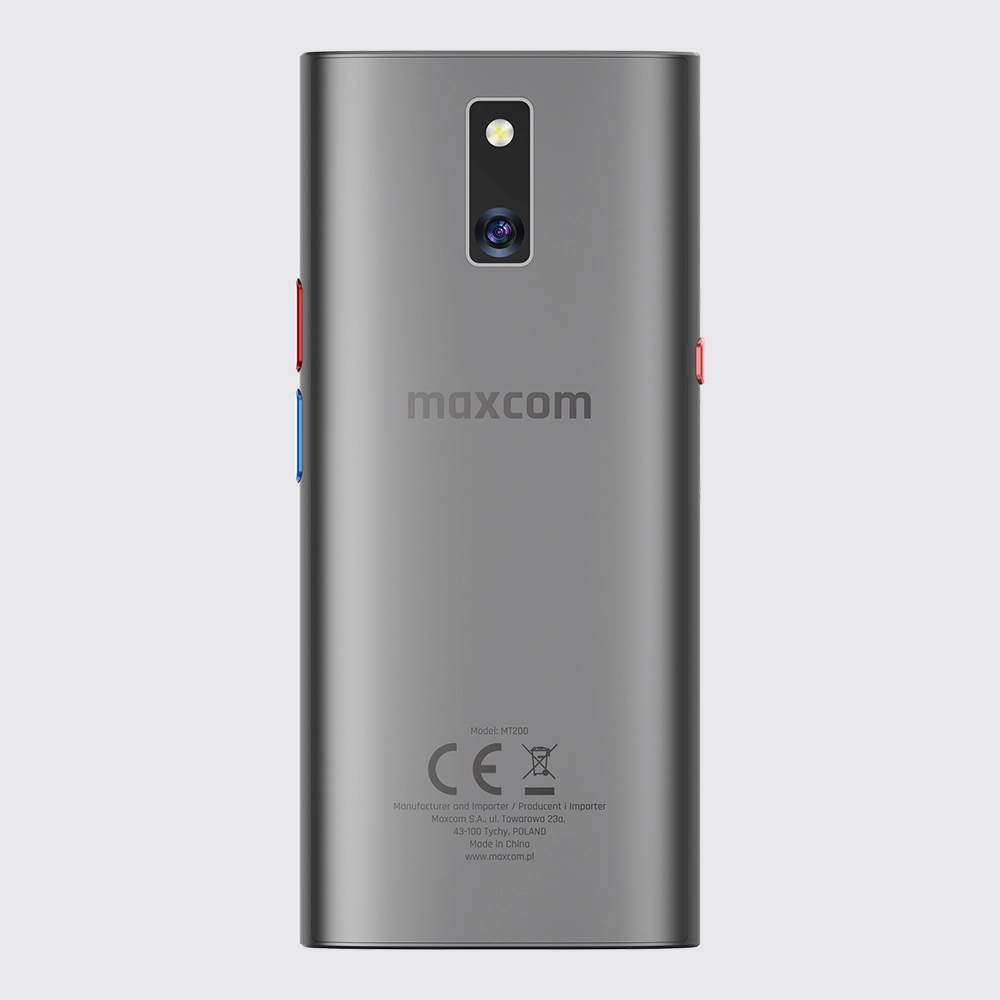 Tył translatora MT200 z widocznym aparatem 8 MP i logo Maxcom na szarym tle
