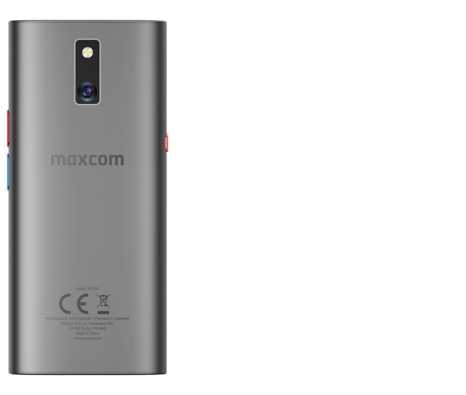 Tył translatora MT200 z widocznym aparatem 8 MP i logo Maxcom