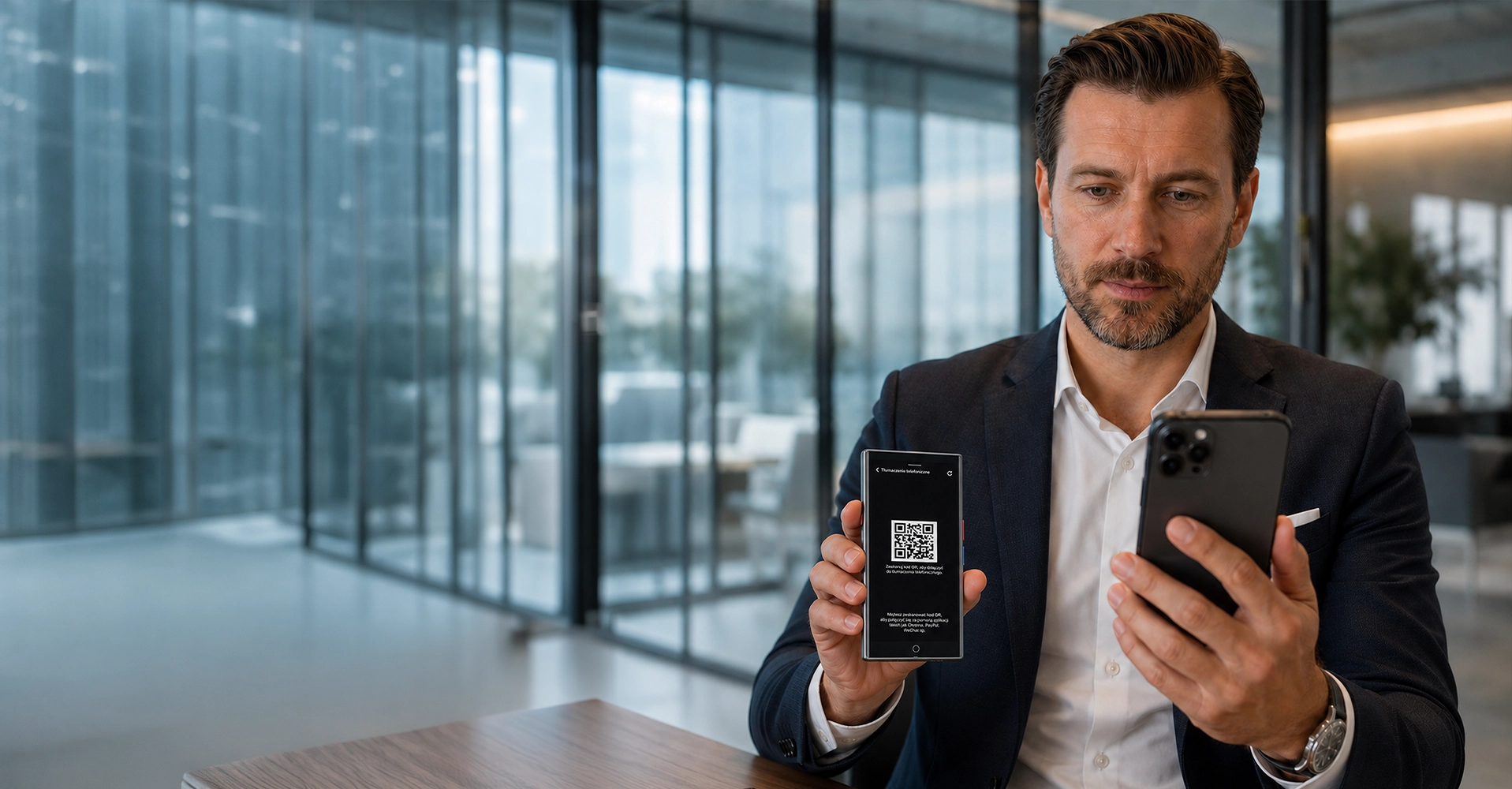 Mężczyzna w biurze trzymający translator MT200 z kodem QR do tłumaczenia rozmowy telefonicznej oraz smartfon